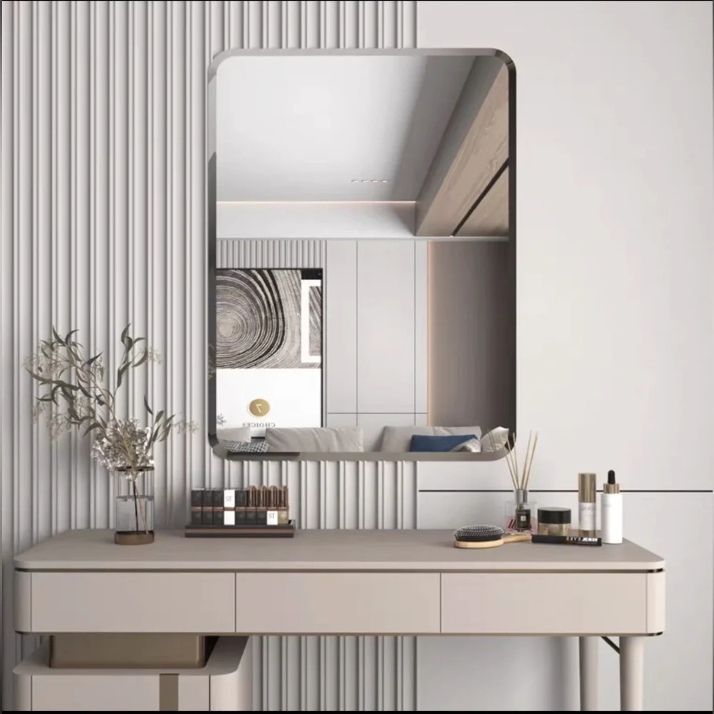 Modern rounded rectangular frameless beveled bathroom mirror